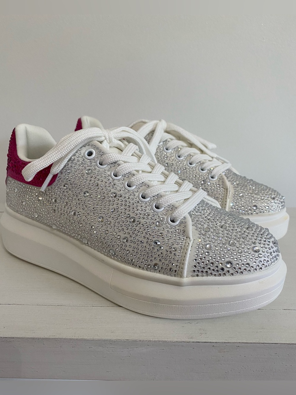 Women's White Crystal Embellished Casual Sneakers with Pink Heel Size 6